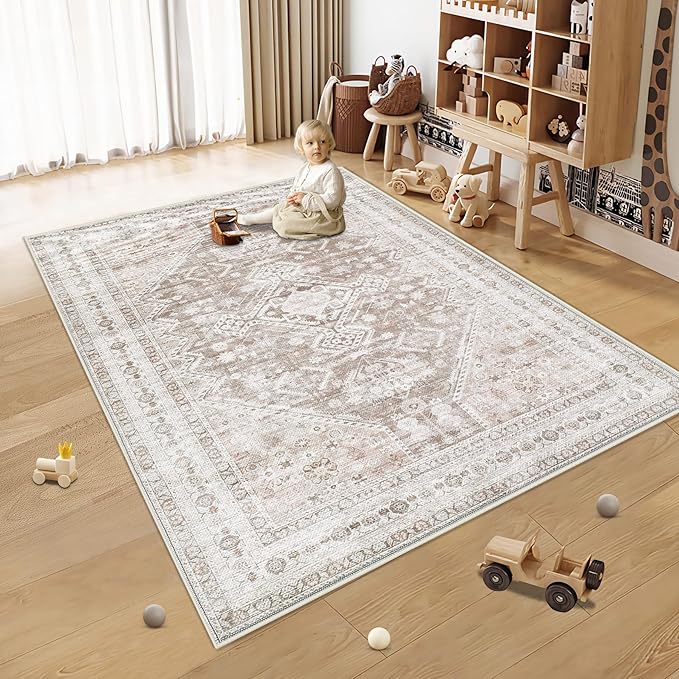 Zomfy Area Rug Vintage 4x6 Rug: Washable Indoor Rug, Traditional Oriental Medallion Rug, Non Slip Carpet for Living Room Bedroom Dining Table Kitchen(Beige, 4'x6')