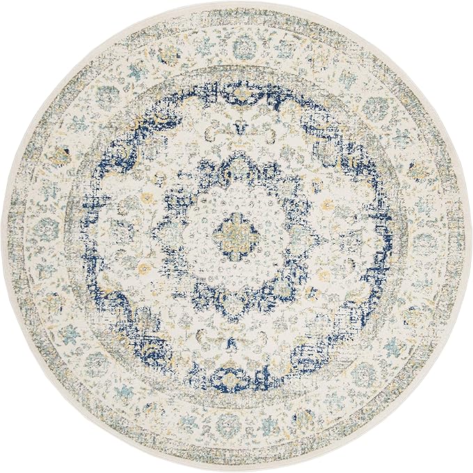 SAFAVIEH Evoke Collection Area Rug - 9' Round, Ivory & Blue, Shabby Chic Oriental Medallion Design, Non-Shedding & Easy Care, Ideal for High Traffic Areas in Living Room, Bedroom (EVK220C)