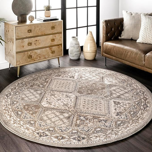 nuLOOM 8' Round Becca Traditional Tiled Area Rug, Becca Taupe, Faded Transitional Design, Stain Resistant, for Bedroom, Dining Room, Living Room, Hallway, Office, Kitchen, Entryway