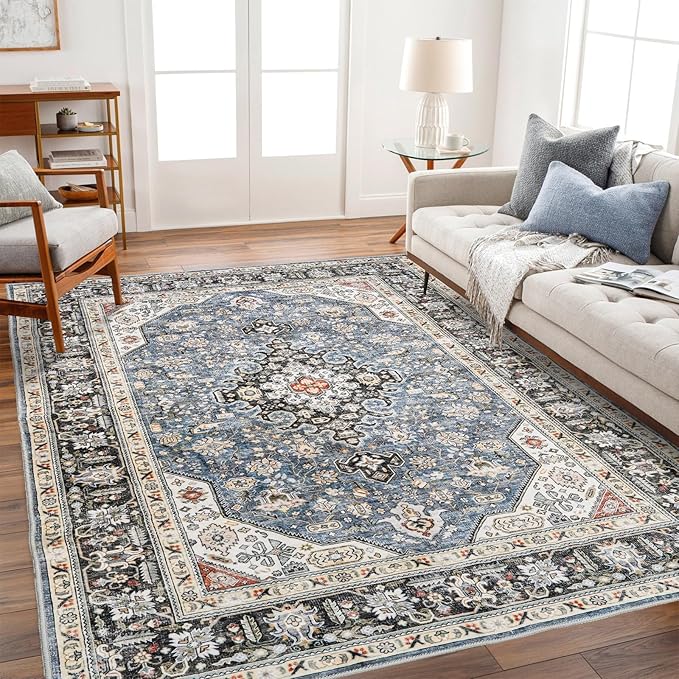 Washable Area Rug - 6x9 Bedroom Living Room Large Indoor Rugs Soft Oriental Vintage Rugs Non-Slip Backing Stain Resistant for Farmhouse Kitchen (6x9 Navy Blue)