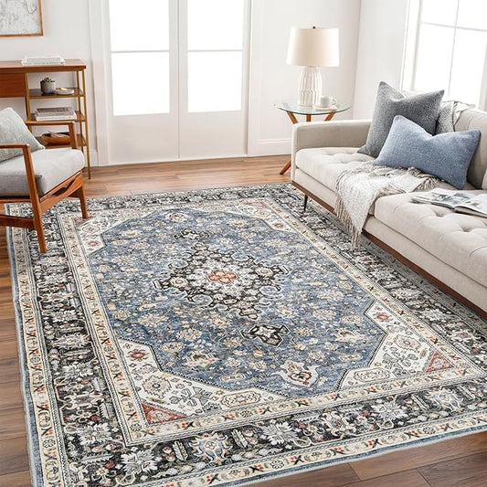 Washable Area Rug - 6x9 Bedroom Living Room Large Indoor Rugs Soft Oriental Vintage Rugs Non-Slip Backing Stain Resistant for Farmhouse Kitchen (6x9 Navy Blue)