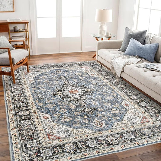 Washable Area Rug - 6x9 Bedroom Living Room Large Indoor Rugs Soft Oriental Vintage Rugs Non-Slip Backing Stain Resistant for Farmhouse Kitchen (6x9 Navy Blue)