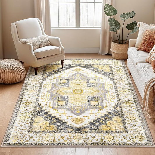Washable 3x5 Area Rugs, Rugs for Living Room, Low-Pile Water&Stain Resistant Carpet Vintage Distressed Printed Non-Slip Carpet for Bedroom Bathroom Kitchen-Grey/Yellow
