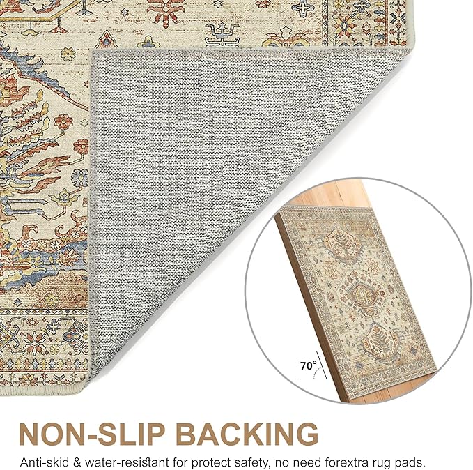 2x5 Runner Rug Non Slip, Machine Washable Rug Runners for Hallways, Vintage Distressed Print Kitchen Runner, Low Pile Lightweight Carpet Runner for Entryway, Laundry, Bedroom, Bathroom Light Brown