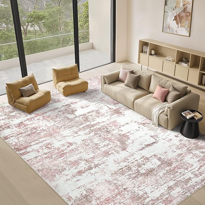 Area Rugs for Living Room: 6x9 Abstract Washable Rug Modern Neutral Large Soft Stain Resistant Non-Slip Backing Machine Table for Bedroom Dining Room Indoor Home Office Carpet - Pink