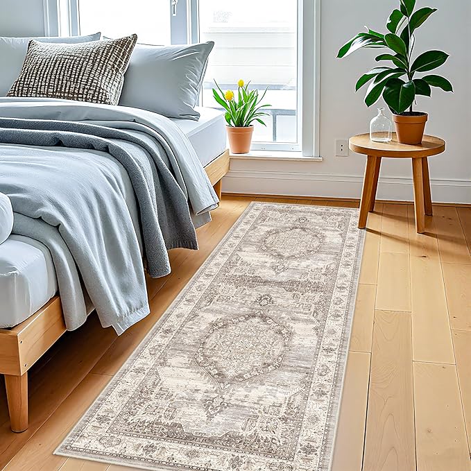 Washable Hallway Runner Rugs 2x6: Soft Ultra Thin Low Pile Carpet Machine Washable Indoor Lightweight Rug Runner Anti Slip Backing Rugs for Living Room Bedroom Kitchen 2'x6' Beige