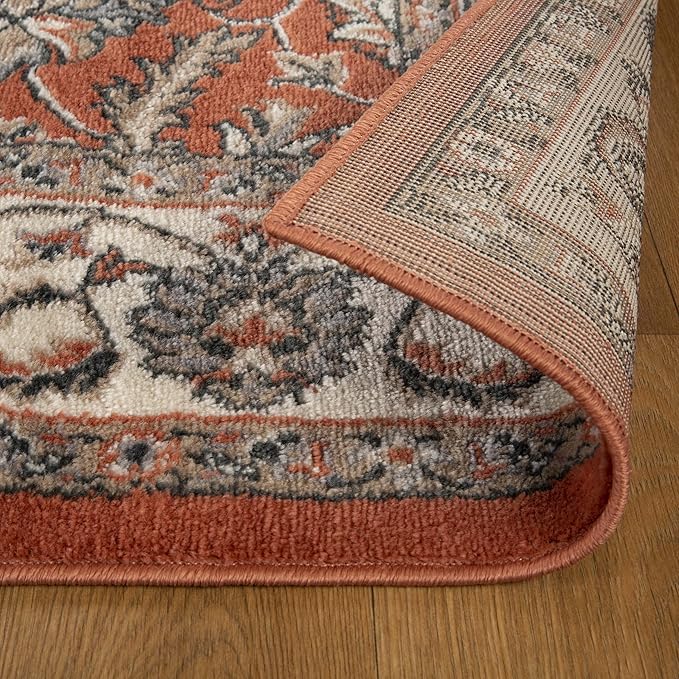 Superior Indoor Runner Rug, with Jute Backing, Chic Bordered Floor Decor for Living Room, Bedroom, Office, Entryway, Kitchen, Dining, Floral Design, Lille Collection, 2' 7" x 8', Brown-Salmon
