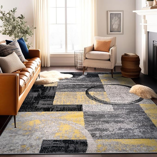Rugshop Contemporary Abstract Circle Design Soft Area Rug 10' x 14' Yellow