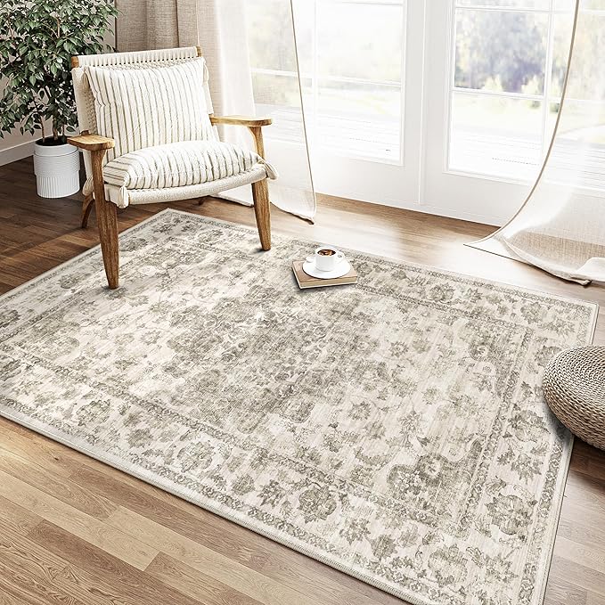 4x6 Washable Neutral Area Rug Taupe Floral Living Room Bedroom Carpet Non-Slip Low Pile Vintage Soft Thin Throw Rug for Dining Room Entryway Dorm Office Kitchen Bathroom