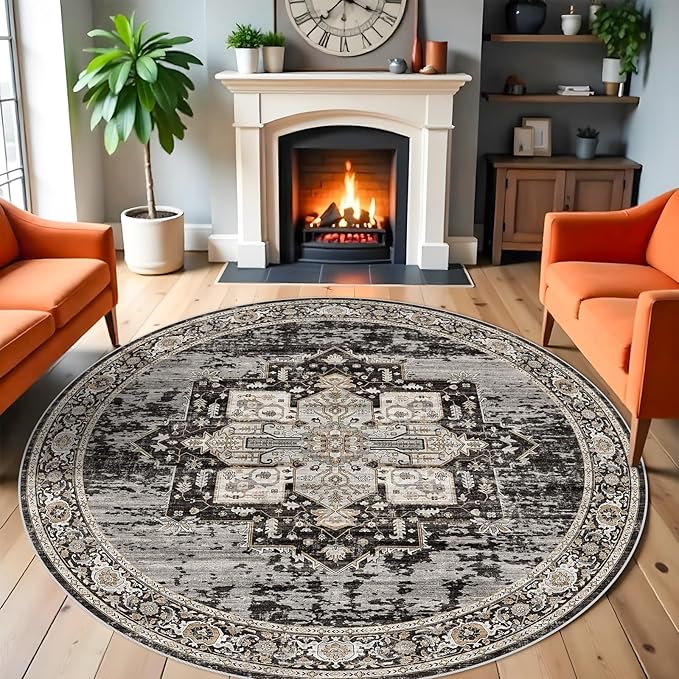 RUUGME Hallway 6ft Round Rugs - Boho Rugs for Living Room Stain Resistant Carpet Vintage Tribal Rugs for Bedroom Kitchen Dining Room with Non Slip Backing Home Decor Floor Decoration Mat 6ft Black