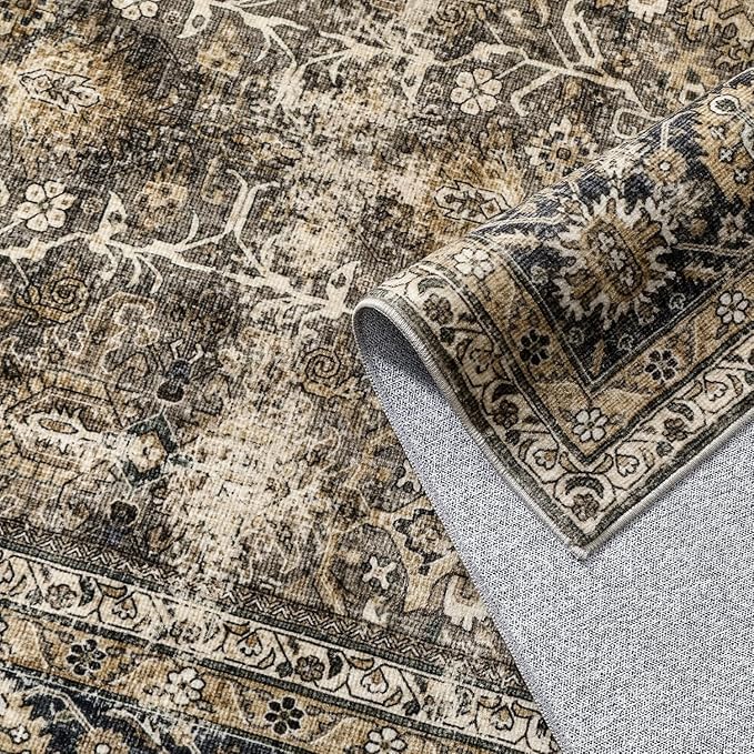 Vintage Area Rug 4x5 Brown Entryway Office Washable Carpet Non Slip Bedroom Indoor Living Room Door Mat Low Pile Traditional Distressed Retro Accent Rug for Dining Room Bathroom Kitchen
