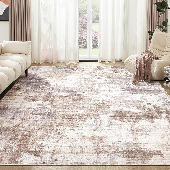 Washable Rug 8x10 Area Rugs for Living Room: Modern Abstract Neutral Soft Rug for Bedroom Dining Room Under Kitchen Table Home Office Decor - Brown