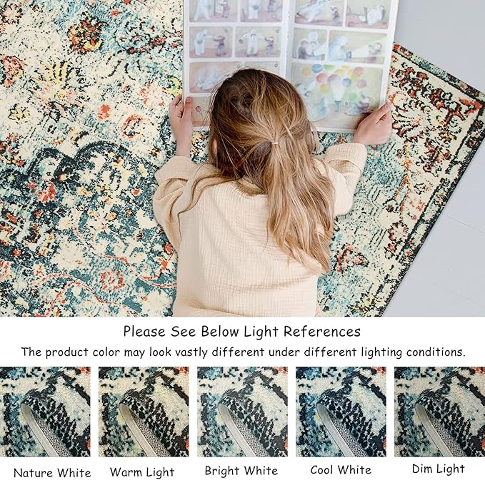 Lahome Bohemian Floral Medallion Area Rug - 2x3 Vintage Teal Distressed Small Entryway Rug Turkish Doormat Faux Wool Non-Slip Washable Low-Pile Carpet for Bathroom Kitchen Laundry Room Decor