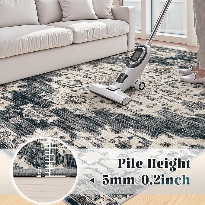 10x12 Area Rugs Washable Rug: Large Vintage Living Room Rug with Non-Slip Backing Low Pile Soft Indoor Floor Thin Carpet Non Shedding Neutral Carpet for Bedroom Dining Room Farmhouse Nursery Black