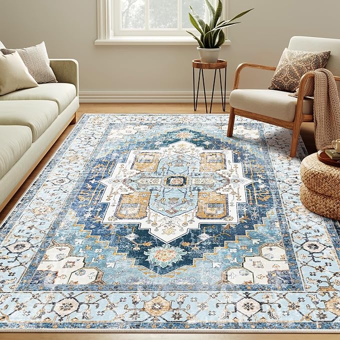 Washable 6x9 Area Rugs, Rugs for Living Room, Low-Pile Water&Stain Resistant Carpet Vintage Distressed Printed Non-Slip Carpet for Bedroom Bathroom Kitchen-Sky Blue