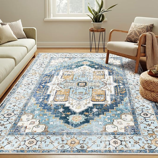 Washable 6x9 Area Rugs, Rugs for Living Room, Low-Pile Water&Stain Resistant Carpet Vintage Distressed Printed Non-Slip Carpet for Bedroom Bathroom Kitchen-Sky Blue