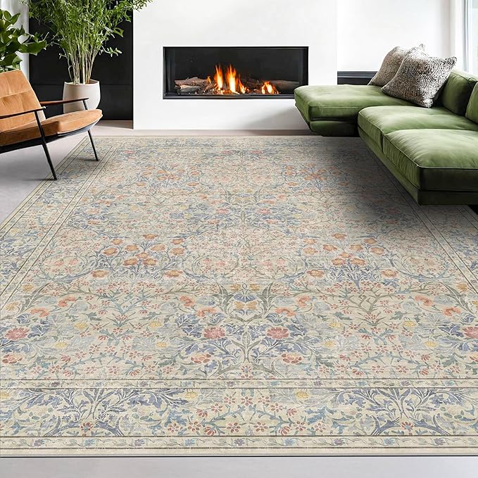 Washable Light Blue Bedroom Rug, 9x12 Area Rug for Living Room, Large Dining Room Rugs for Under Table, Soft Low Pile Non-Slip Stain Resistant Carpet - Vintage Floral Design (9x12 Beige Blue)