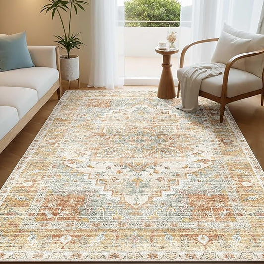 Kokia Washable Area Rugs 5x7 Living Room Boho Non Slip Thin Carpet Stain Resistant Vintage Orange Printed Oriental Distressed Rug for Bedroom Low Pile