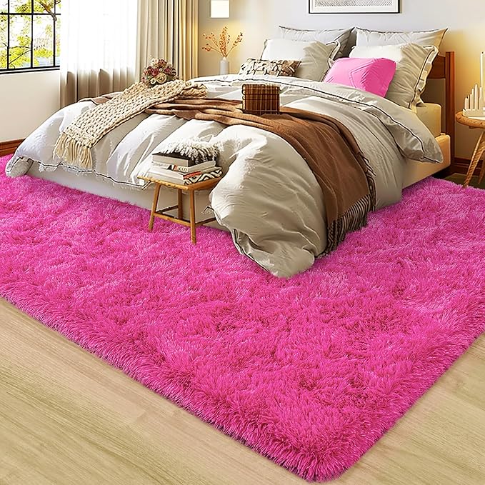Ultra Fluffy Rug for Living Room Bedroom, 5x7 Fuzzy Large Area Rug for Living Room, Plush Soft Shag Carpet for Girl Boy Kids, Non Slip Rug Modern Indoor Home Decor Aesthetic, Hot Pink