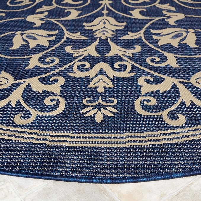 SAFAVIEH Courtyard Collection Area Rug - 6'7" Round, Navy & Beige, Scroll Design, Non-Shedding & Easy Care, Indoor/Outdoor & Washable-Ideal for Patio, Backyard, Mudroom (CY2098-268)