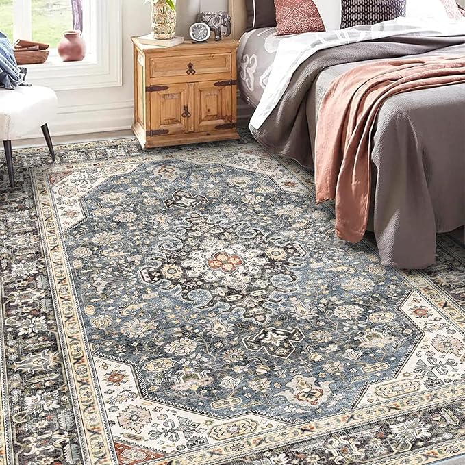 Washable Area Rug - 6x9 Bedroom Living Room Large Indoor Rugs Soft Oriental Vintage Rugs Non-Slip Backing Stain Resistant for Farmhouse Kitchen (6x9 Navy Blue)