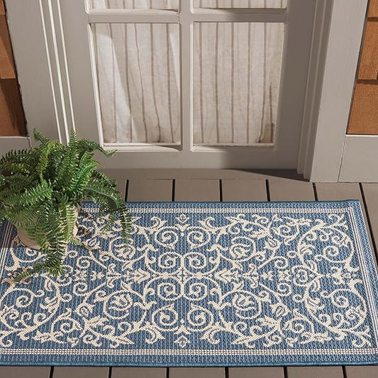 SAFAVIEH Courtyard Collection Accent Rug - 2' x 3'7", Blue & Natural Indoor/Outdoor & Washable, Ideal for High Traffic Areas in Patio, Backyard, Mudroom, Entryway, Doormat (CY2098-3103-2)