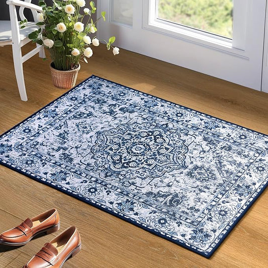 YJ.GWL Doormat Boho Area Rug 2x3, Machine Washable Small Low Pile Lightweight Thin Entryway Rug, Floral Vintage Distress Print Pattern Carpet for Entrance Kitchen Bedroom, Blue/White