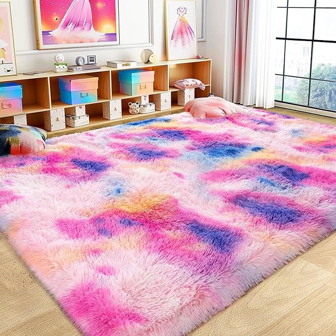 Ultra Fluffy Area Rugs for Living Room Bedroom, 6x9 Fuzzy Large Living Room Rugs, Thick Shag Rug for Dorm, Soft Non Slip Kids Girls Boys Rug for Home Decor Aesthetic, Dark Rainbow