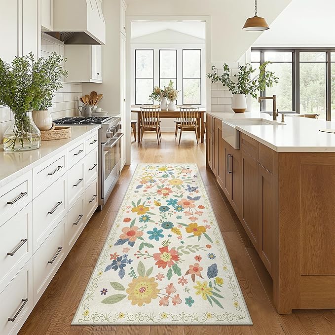 Bavni 2x10 Runner Rug, Long Foldable Floral Rugs for Hallways Kitchen Bedroom Kids Room, Lightweight Machine Washable Non Slip Rubber Rugs Backing, Ultra-Thin Aesthetic Boho Soft White