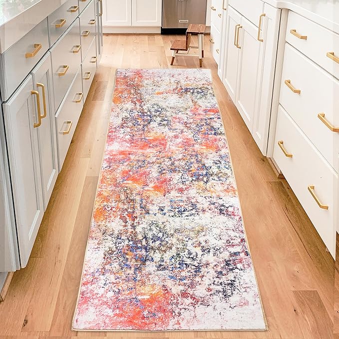 Washable Runners for Hallways 2x6 Runner Rug Non Slip Soft Kitchen Runner Rugs Abstract Non Skid Accent Print Faux Wool Carpet Runners for Entryway Laundry Room Entrance, Pink/Multi