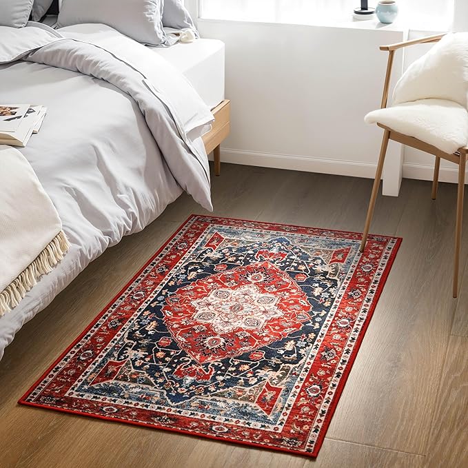 YJ.GWL Doormat Boho Area Rug 2x3, Machine Washable Small Low Pile Lightweight Thin Entryway Rug, Floral Vintage Distress Print Pattern Carpet for Entrance Kitchen Bedroom, Red