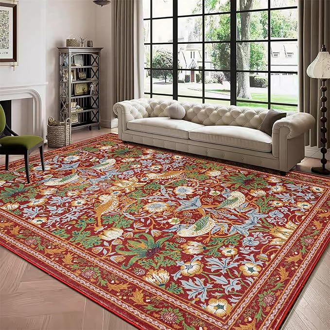 Strawberry Thief Area Rug Rust Red, Ultra Thin 8x10 Washable Carpet, Modern Abstract Art Living Room Rug, Boho Rustic Vintage Floral Botanical Large Rug for Bedroom Kitchen Dining Room Entryway