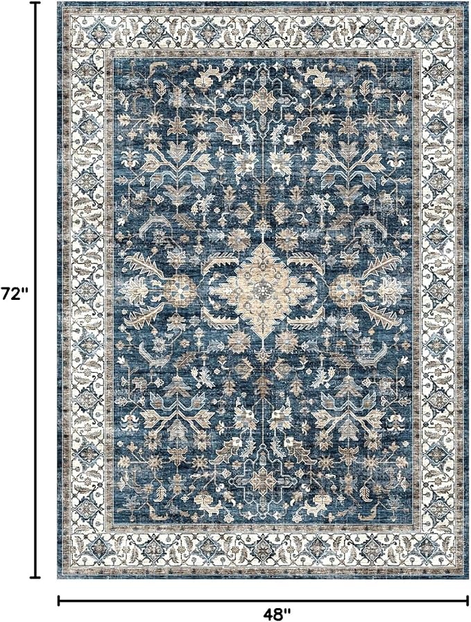Vintage Ultra-Thin Distressed Medallion Rug, 4x6 Washable Low-Pile for Bedroom, Dining, Entryway, Bathroom, Living Room