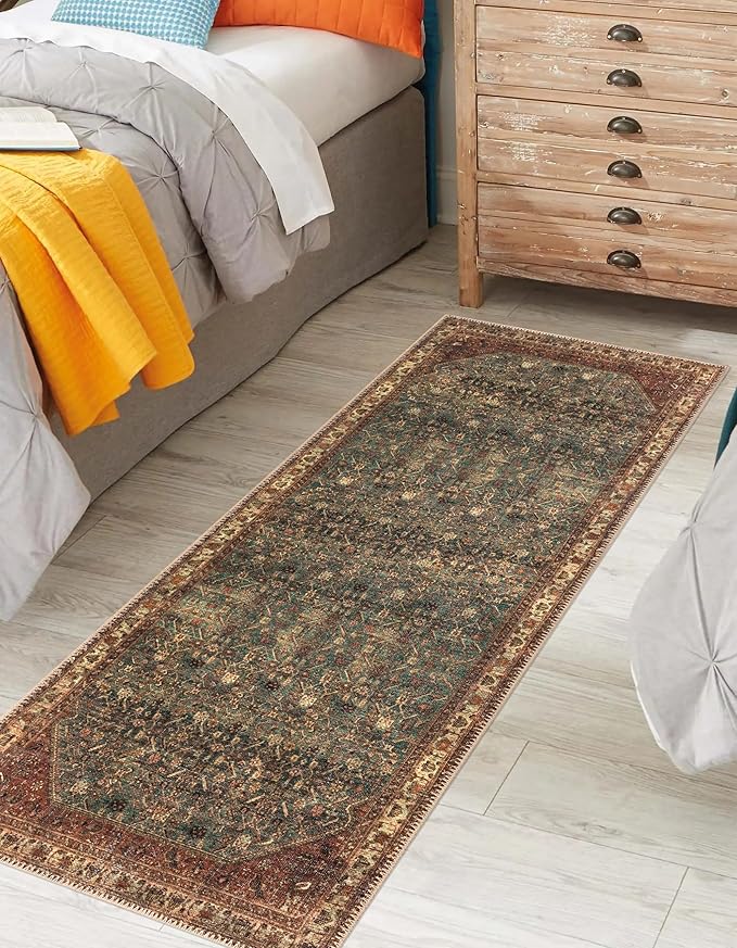 Keen Home Design 2x10 Rug - Machine Washable Runner Rug with Non-Slip Backing, Ideal for Hallway, Entryway, Kitchen, Laundry Room - Vintage, Easy Clean, Durable, Low Pile Rug - (2'6" x 10')