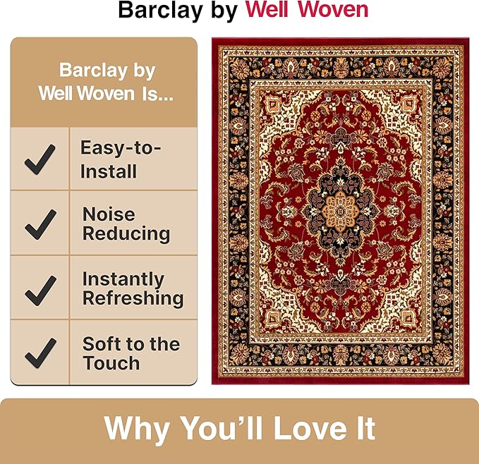 Well Woven Barclay Collection Medallion Kashan Red 4x5 Area Rug - for Entryways, Small Bedrooms, Living Rooms