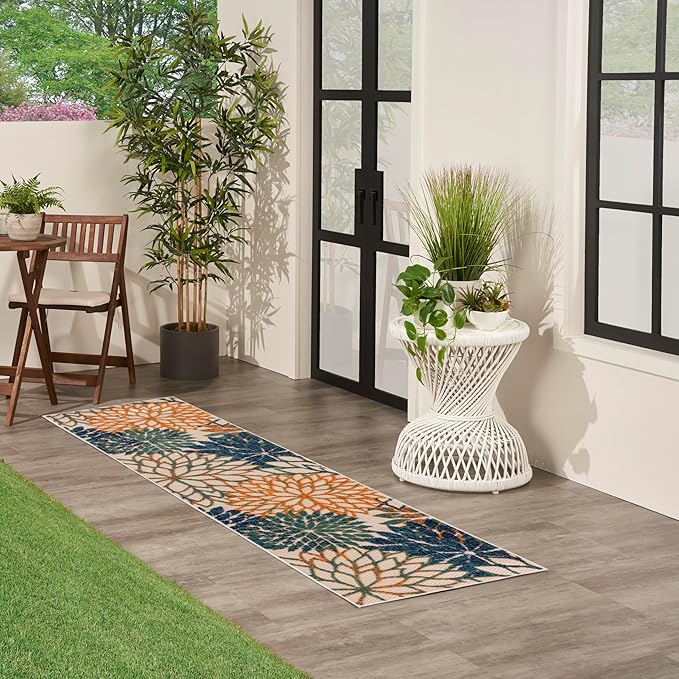 Nourison Aloha Indoor/Outdoor Blue Green 2'3" x 8' Area Rug, Easy Cleaning, Non Shedding, Bed Room, Living Room, Dining Room, Backyard, Deck, Patio (2x8)