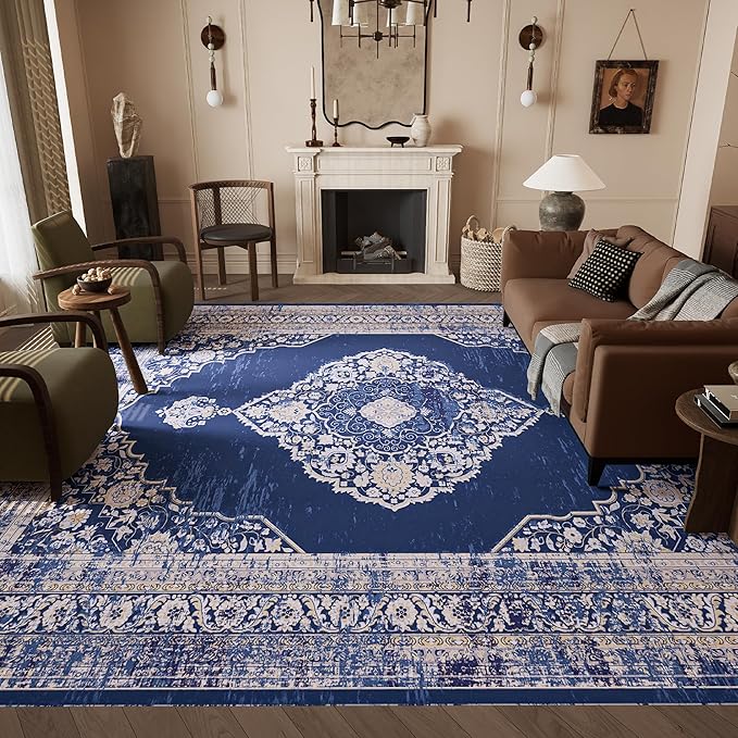 8x10 Rug, Washable Neutral Boho Modern Vintage Non Slip Floral Area Rugs, Low Pile Soft Rugs, Area Rugs, Slip Resistance Carpet, Pet-Friendly Carpet, Durable Rug for Living Room, Bedroom
