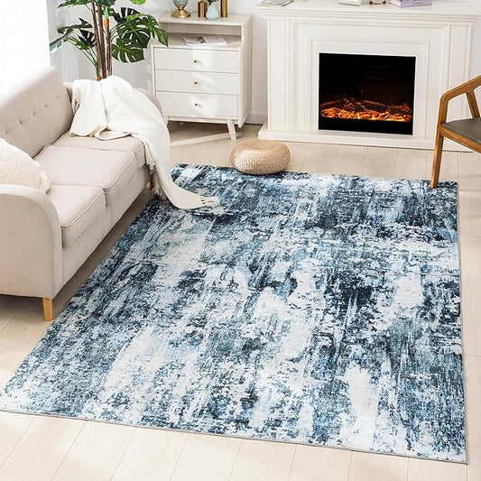 Carvapet Rugs for Living Room, Modern Abstract Low Pile Large Carpet with Rubber Backing, Foldable, Non Slip Machine Washable (7 x 5 Feet Rectangular, Blue Grey Area Rug)