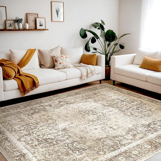 Kokia 6x9 Area Rugs for Living Room, Machine Washable Non Slip Vintage Boho Rugs, Low Pile Distressed Medallion Print Rug for Bedroom, Dining Room Olive 6 x 9