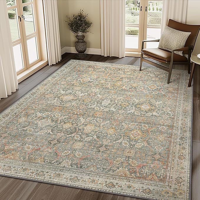 10X12 Area Rugs Machine Washable Rugs for Living Room, Vintage Boho Large Rugs for Bedroom Dining Room, Non Slip Indoor Soft Distressed Lightweight Thin Low Pile Carpet, Turmeric