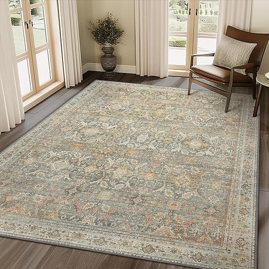 10X12 Area Rugs Machine Washable Rugs for Living Room, Vintage Boho Large Rugs for Bedroom Dining Room, Non Slip Indoor Soft Distressed Lightweight Thin Low Pile Carpet, Turmeric