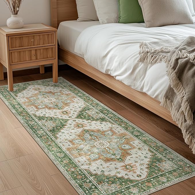 2X10 Area Rugs Machine Washable Runner Rugs for Living Room, Vintage Boho Rugs for Bedroom Dining Room, Non Slip Indoor Soft Distressed Lightweight Thin Low Pile Carpet, Green Brown Blue