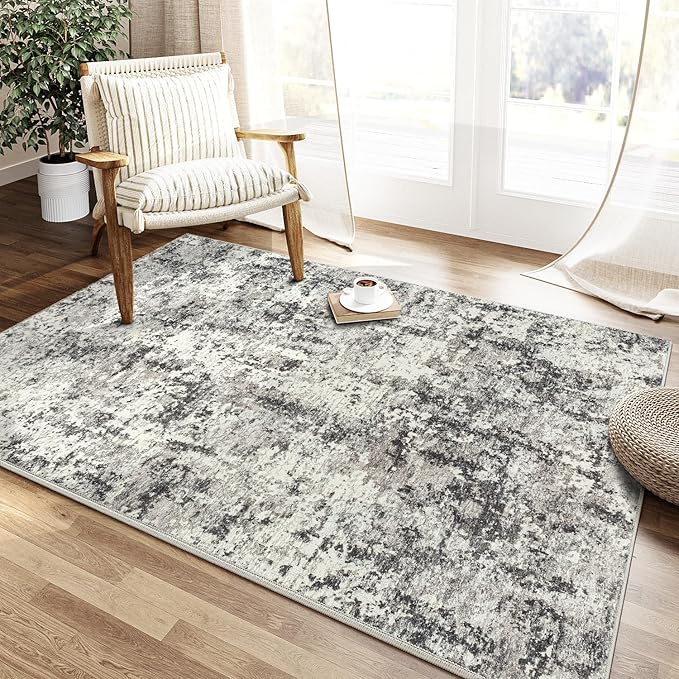 4x6 Machine Washable Rugs Grey Hallway Area Rug 3D Textured Rug Abstract Low Pile Carpet Distressed Throw Rug Bedroom Living Room Office Dining Room Kitchen Laundry Room Non Slip