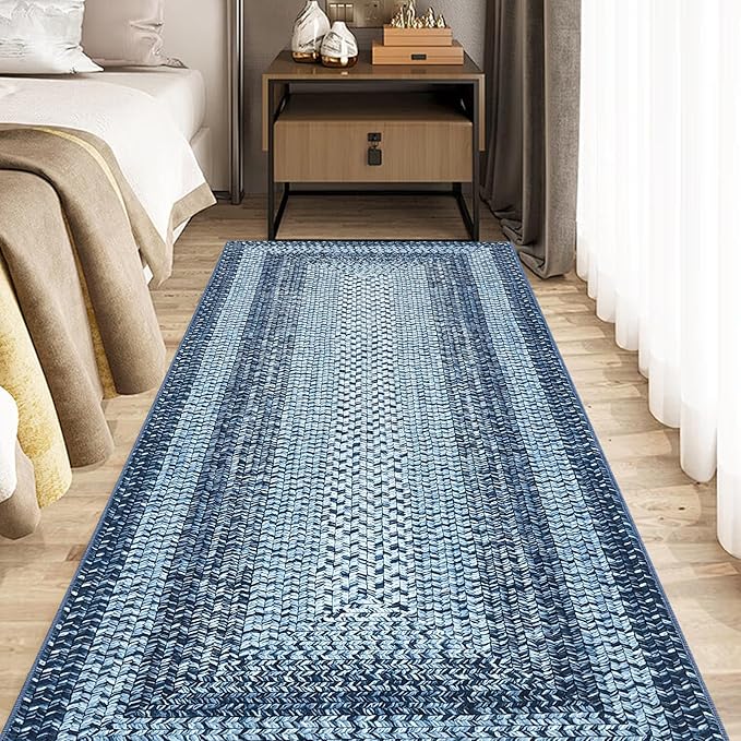 Printed Runner Rugs for Hallway 2x10 Washable Kitchen Rugs Non Slip Modern Farmhouse Soft Hallway Runner Contemporary Low Pile Rug for Living Room Bedside Decor Nursery Rug Blue