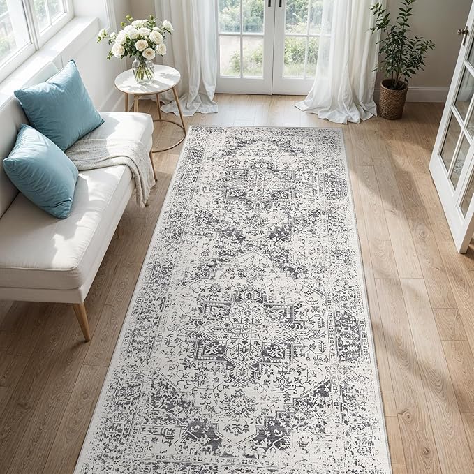 Washable Hallway Runner Rug 3x8: Soft Vintage Kitchen Laundry Runner Non Slip Low-Pile Entryway Living Room Stain Resistance Indoor Floor Long Carpet for Bedroom Bathroom, Grey