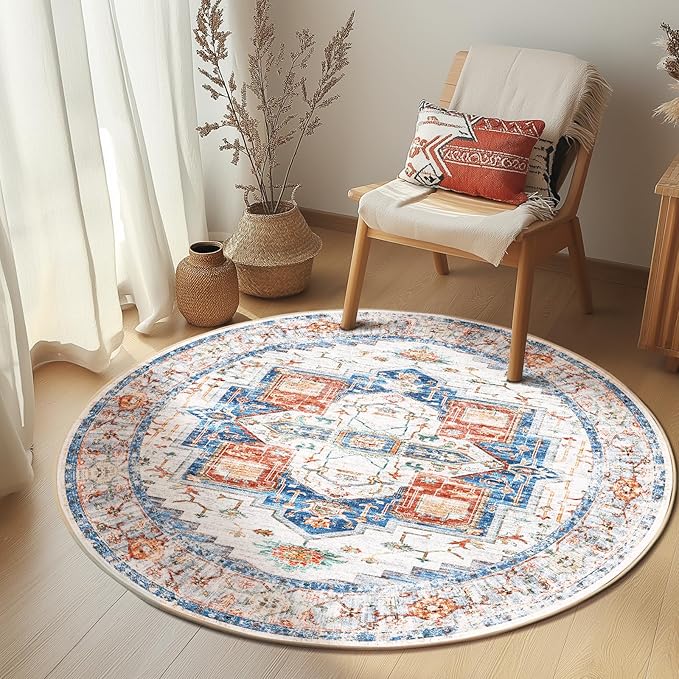 Washable 4ft Area Rugs, Rugs for Living Room, Low-Pile Water&Stain Resistant Carpet Vintage Distressed Printed Non-Slip Carpet for Bedroom Bathroom Kitchen-Blue