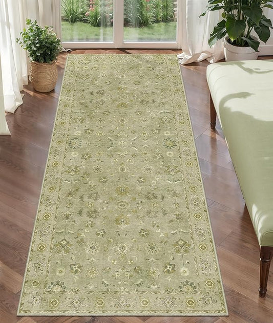 2x5 Washable Runner Rug for Hallways, Non-Slip Floral Vintage, Soft Low Pile Long Carpet, Print Distressed Green for Kitchen Bedroom Entryway Bathroom Living Room