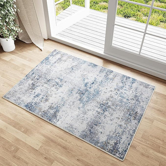 2x3 Entryway Rugs Grey Blue Machine Washable Area Rug Entrance Door Mat Indoor Accent Rug Abstract Non Slip Low Pile Carpet Distressed Throw Rug for Kitchen Bedroom Office