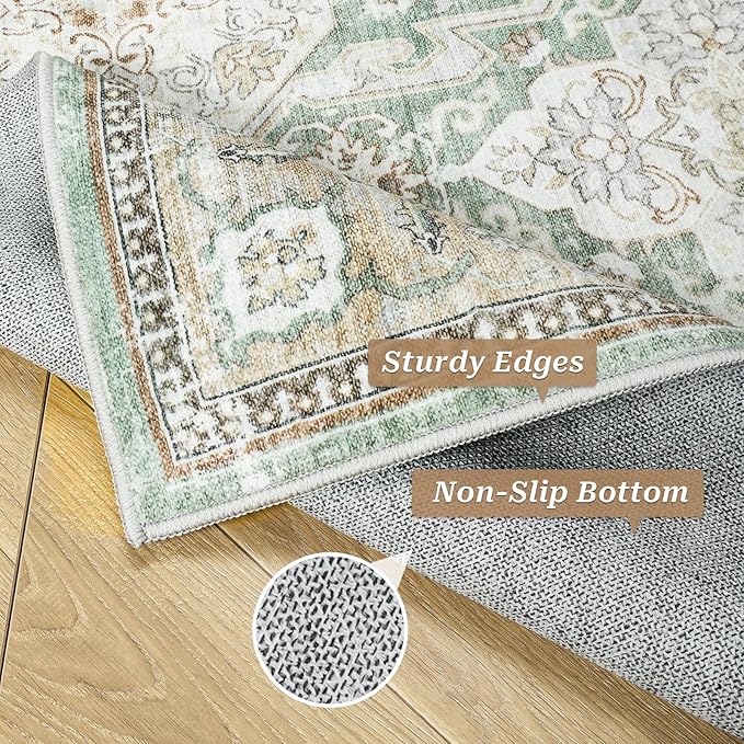 3x5 Area Rugs, Washable Rug, Small Stain Resistant Area Rug for Living Room Bedroom Kitchen Dining Room, Vintage Geometric Rug (Green, 3'x5')