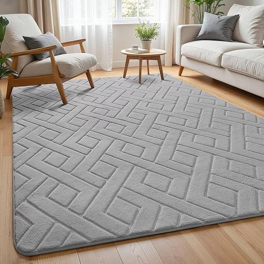 Ultra Soft Grey Area Rug for Living Room, 6x9 Modern Geometric Shag Rugs with Nonslip Backing for Bedroom, Washable Fuzzy Carpet for Cozy Kids Room Nursery